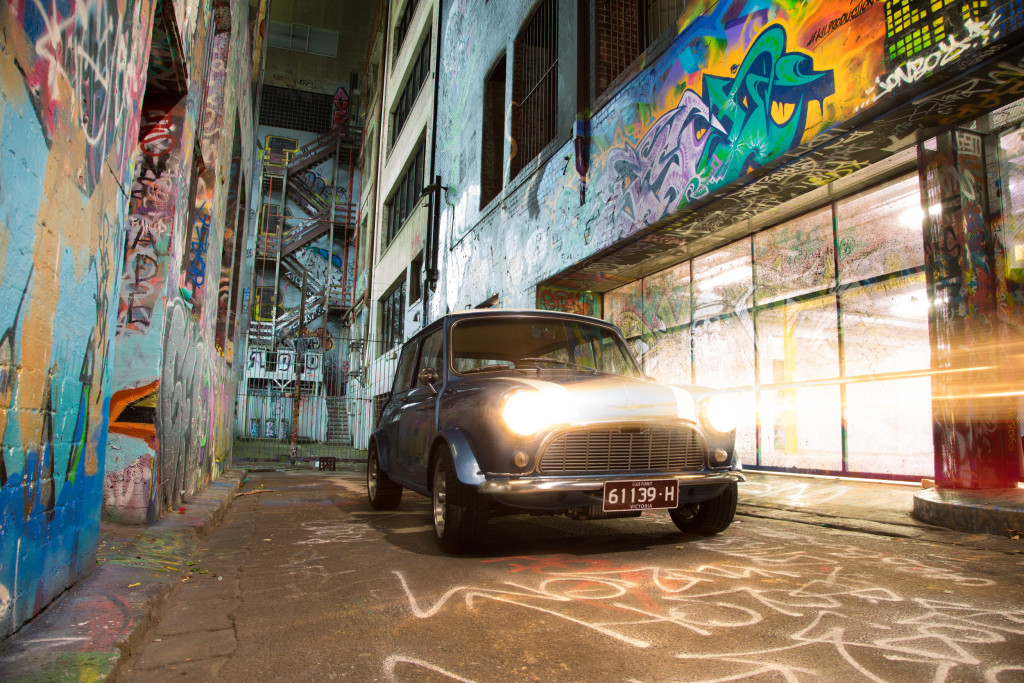 1963 Mini in Hosier Lane with Headlights